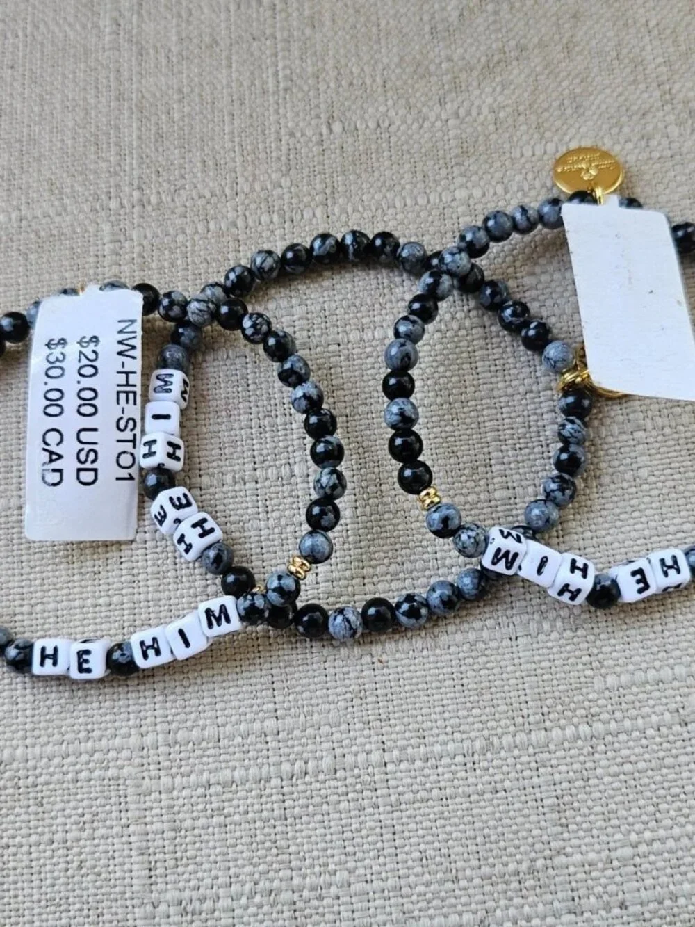 Little Words Project Bracelet Black Beands HE HIM Wrist Band Stretched Lot of 3